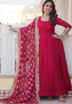 Embroidered Georgette Abaya Style Suit in Fuchsia