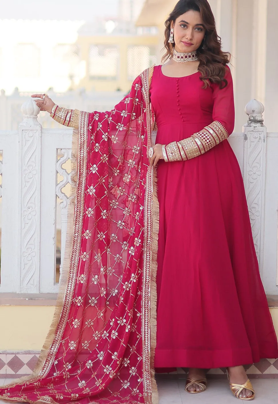 Embroidered Georgette Abaya Style Suit in Fuchsia
