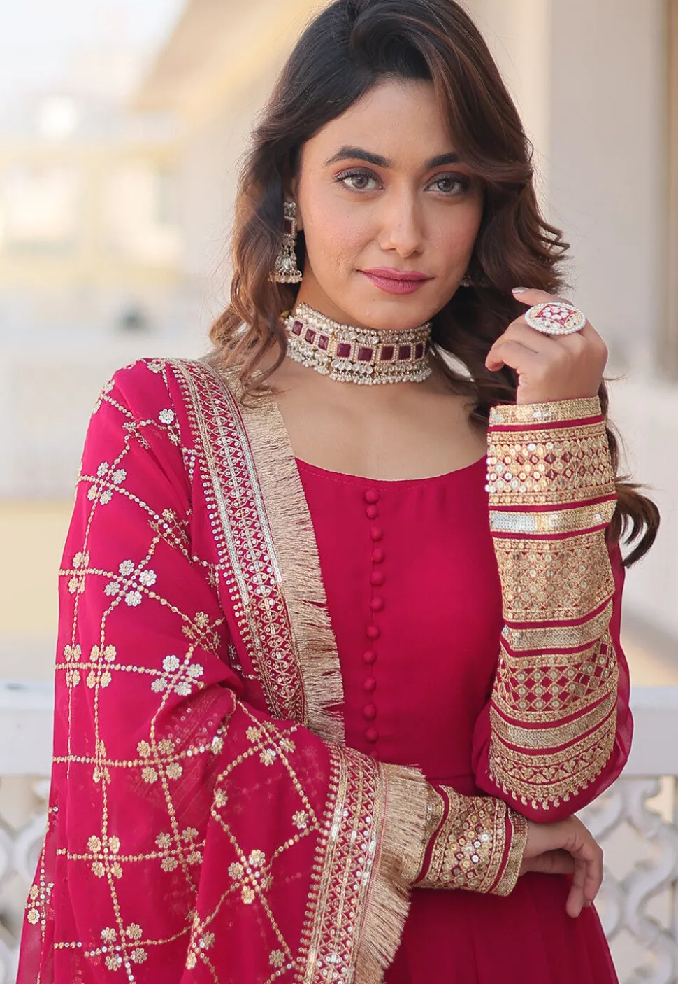 Embroidered Georgette Abaya Style Suit in Fuchsia