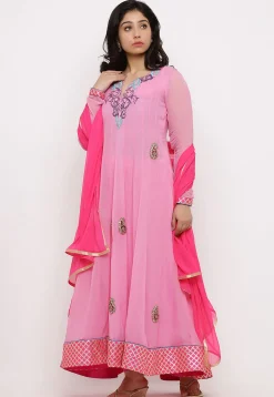 Embroidered Georgette Abaya Style Suit in Pink