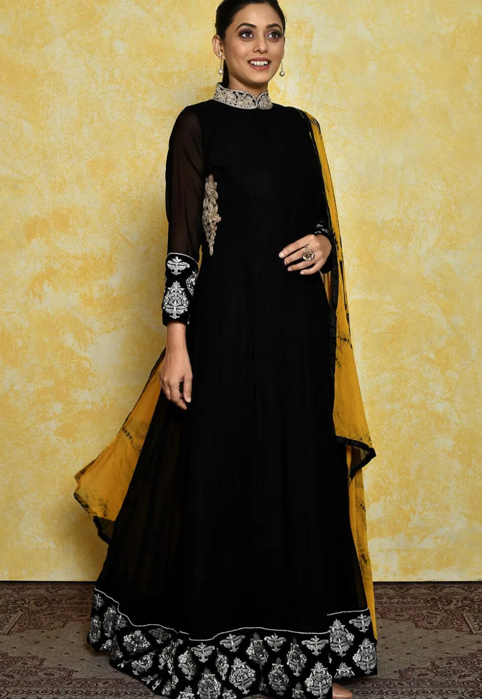Embroidered Georgette Abaya Style Suit in Black