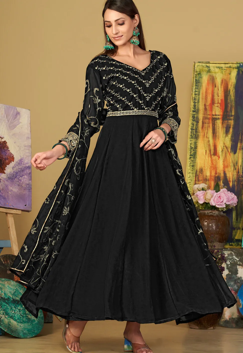 Embroidered Georgette Abaya Style Suit in Black