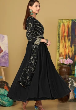 Embroidered Georgette Abaya Style Suit in Black