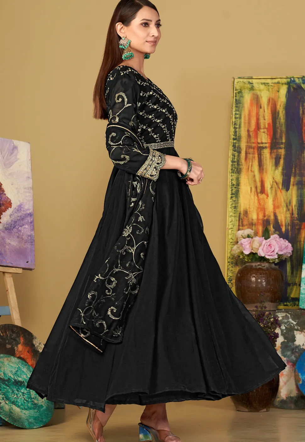 Embroidered Georgette Abaya Style Suit in Black