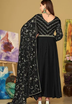 Embroidered Georgette Abaya Style Suit in Black