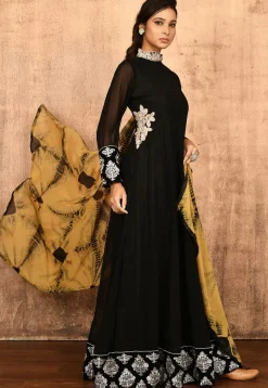 Embroidered Georgette Abaya Style Suit in Black