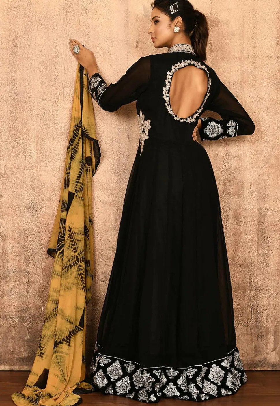 Embroidered Georgette Abaya Style Suit in Black