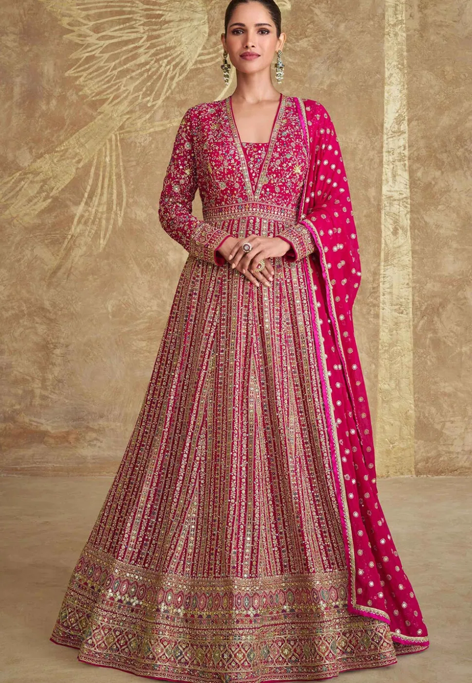 Embroidered Georgette Abaya Style Suit in Pink