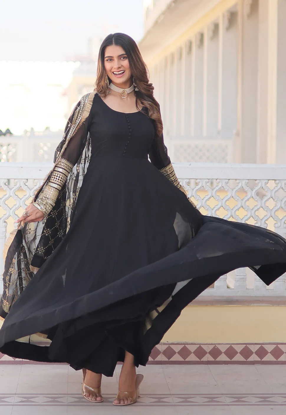 Embroidered Georgette Abaya Style Suit in Black