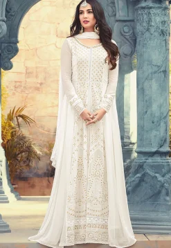 Embroidered Georgette Abaya Style Suit in Off White