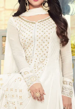 Embroidered Georgette Abaya Style Suit in Off White
