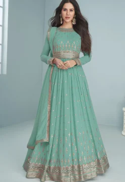 Embroidered Georgette Abaya Style Suit in Sea Green