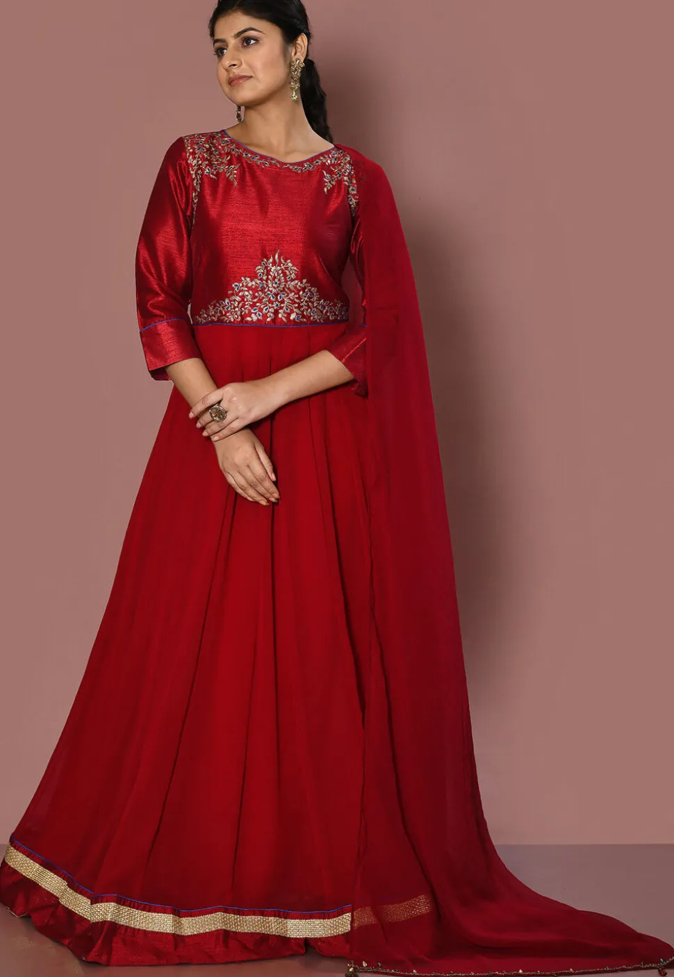 Embroidered Georgette Abaya Style Suit in Maroon