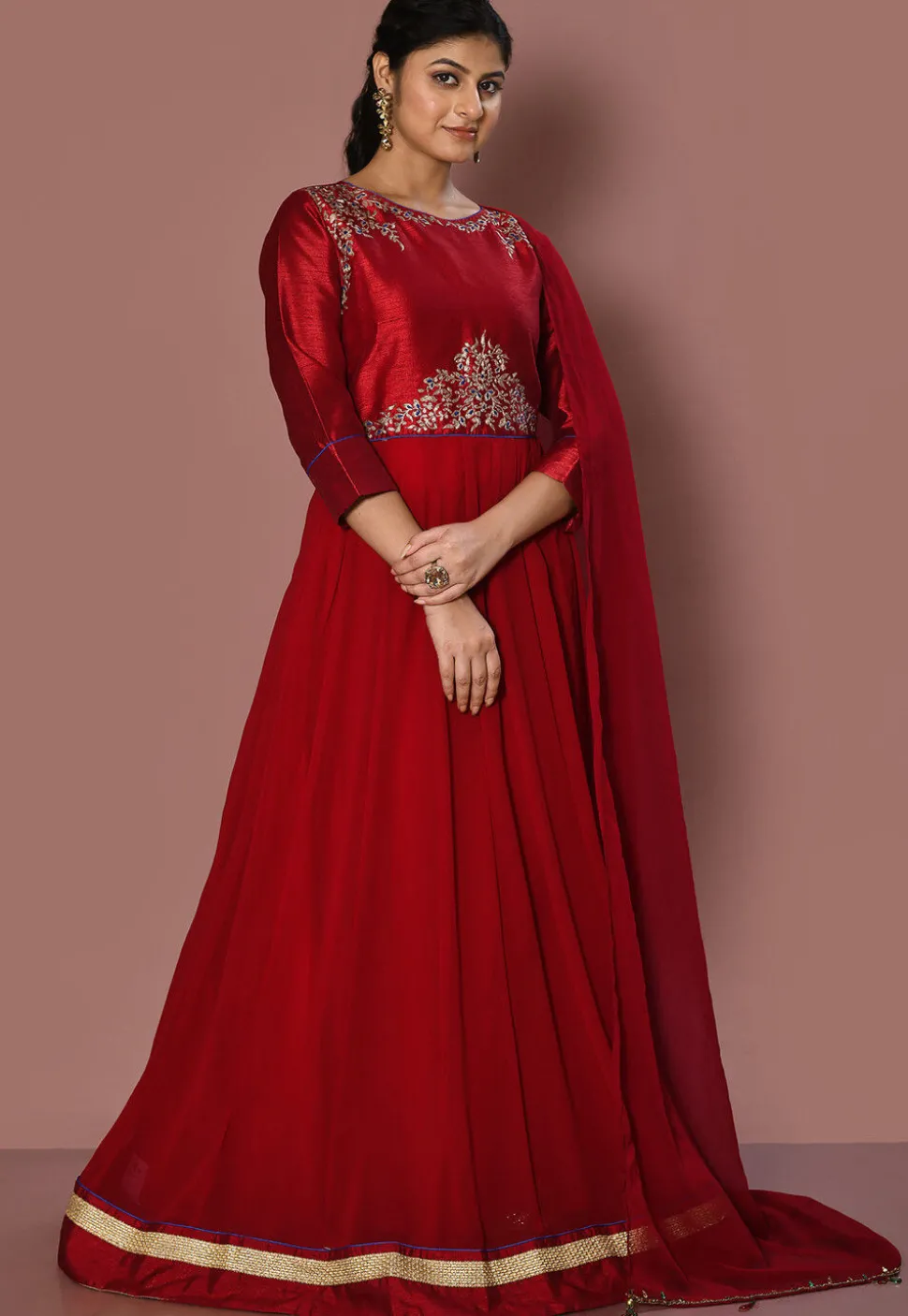 Embroidered Georgette Abaya Style Suit in Maroon