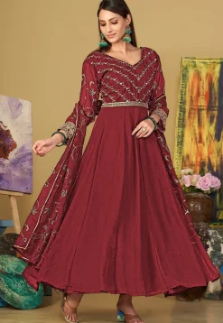 Embroidered Georgette Abaya Style Suit in Maroon