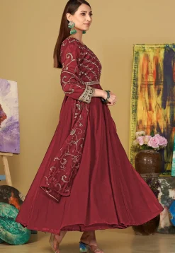 Embroidered Georgette Abaya Style Suit in Maroon