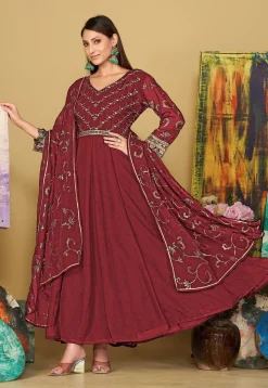 Embroidered Georgette Abaya Style Suit in Maroon