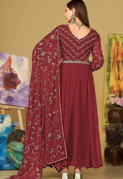 Embroidered Georgette Abaya Style Suit in Maroon