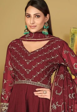 Embroidered Georgette Abaya Style Suit in Maroon
