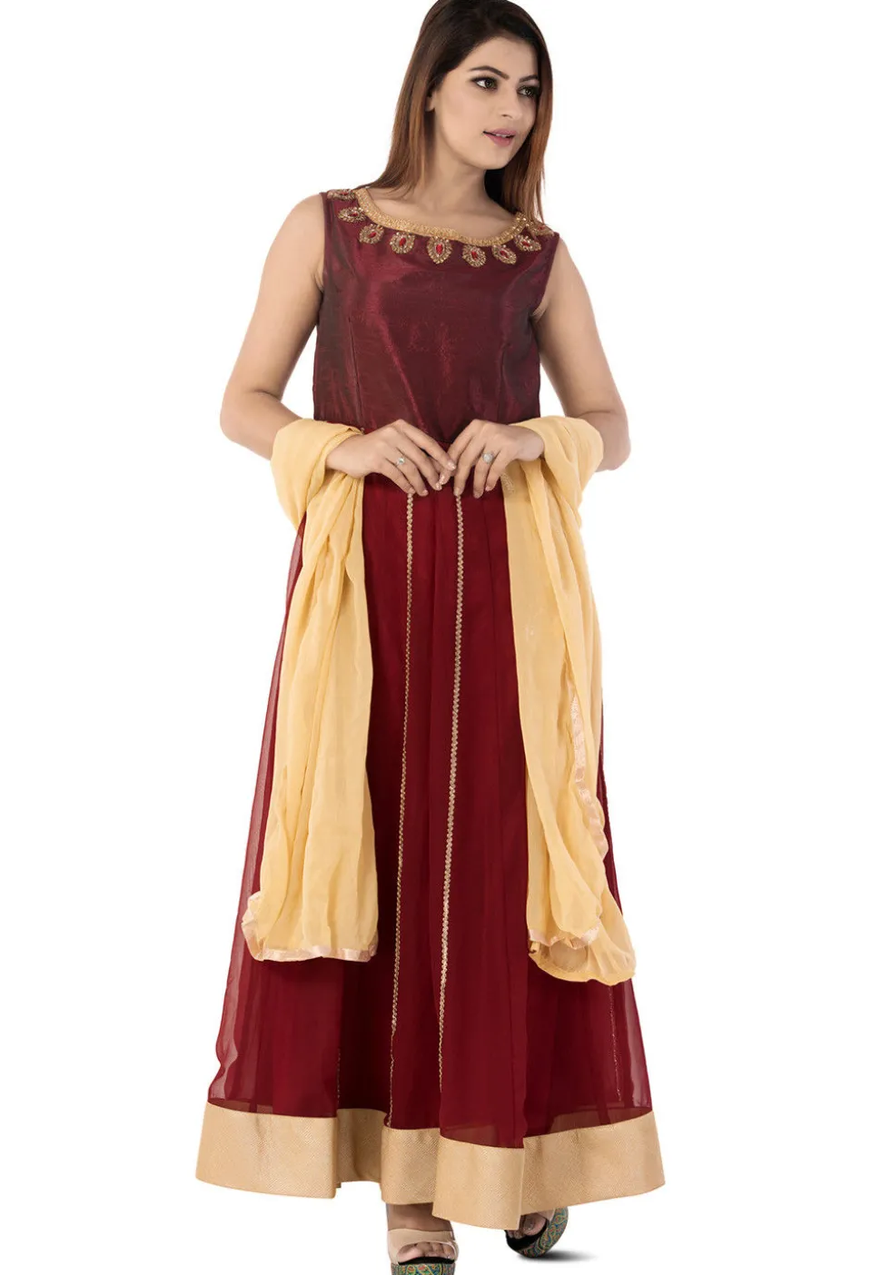 Embroidered Georgette Abaya Style Suit in Maroon