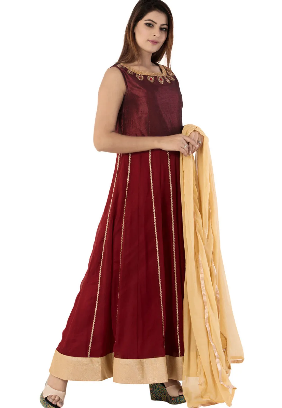 Embroidered Georgette Abaya Style Suit in Maroon