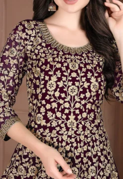 Embroidered Georgette Abaya Style Suit in Wine