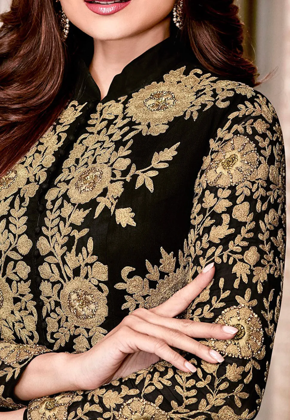 Embroidered Georgette Abaya Style Suit in Black