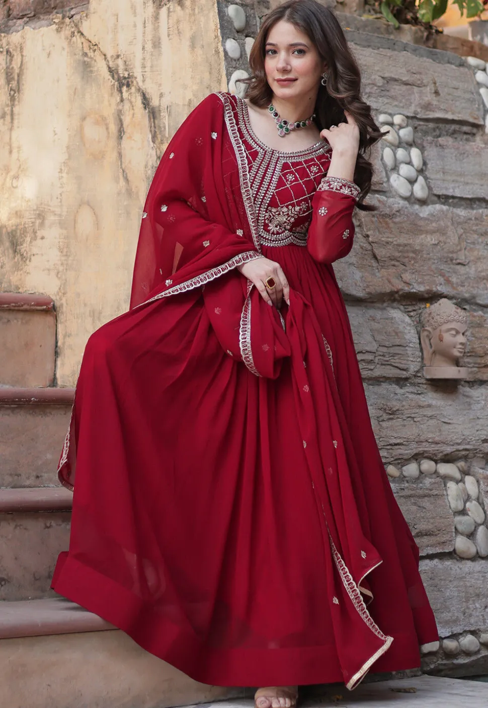 Embroidered Georgette Abaya Style Suit in Maroon