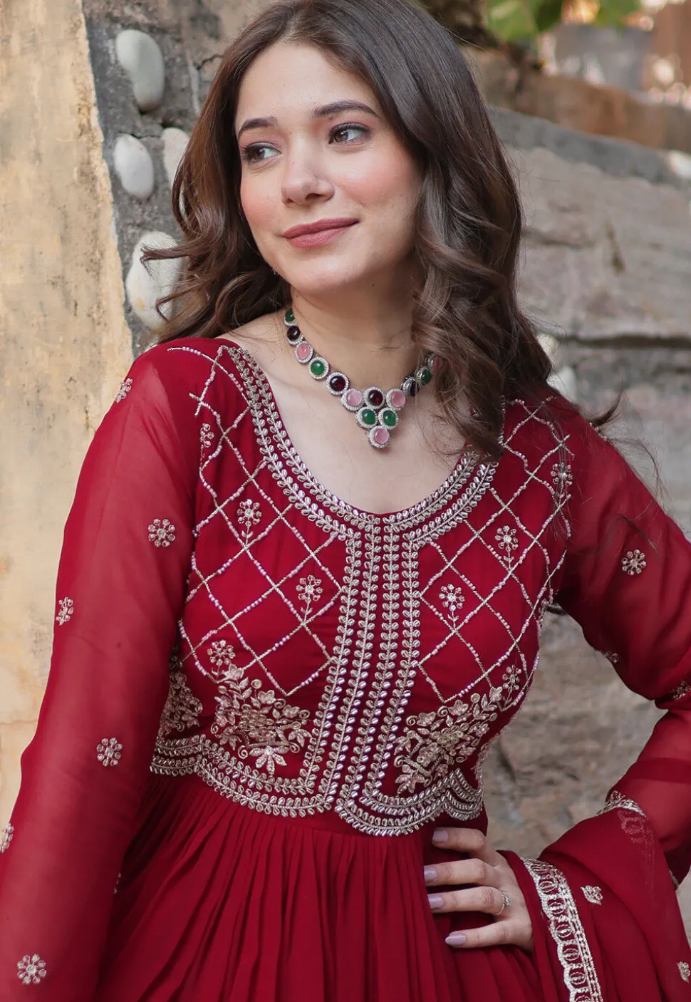 Embroidered Georgette Abaya Style Suit in Maroon