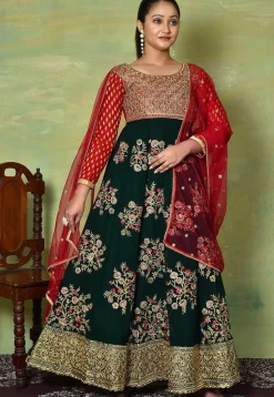 Embroidered Georgette Abaya Style Suit in Dark Green and Red