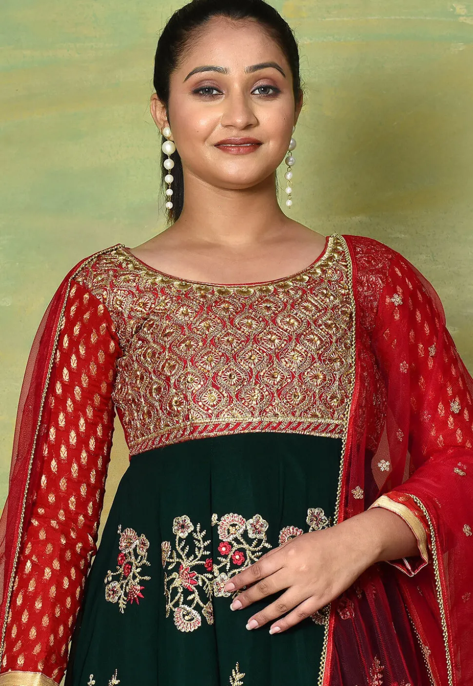 Embroidered Georgette Abaya Style Suit in Dark Green and Red