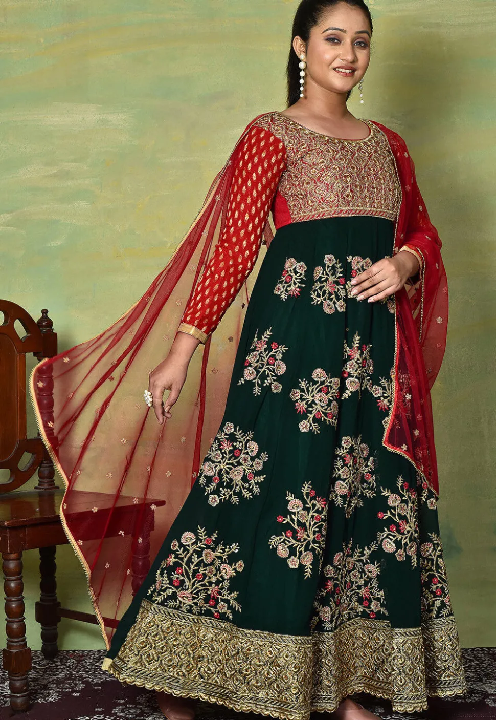 Embroidered Georgette Abaya Style Suit in Dark Green and Red