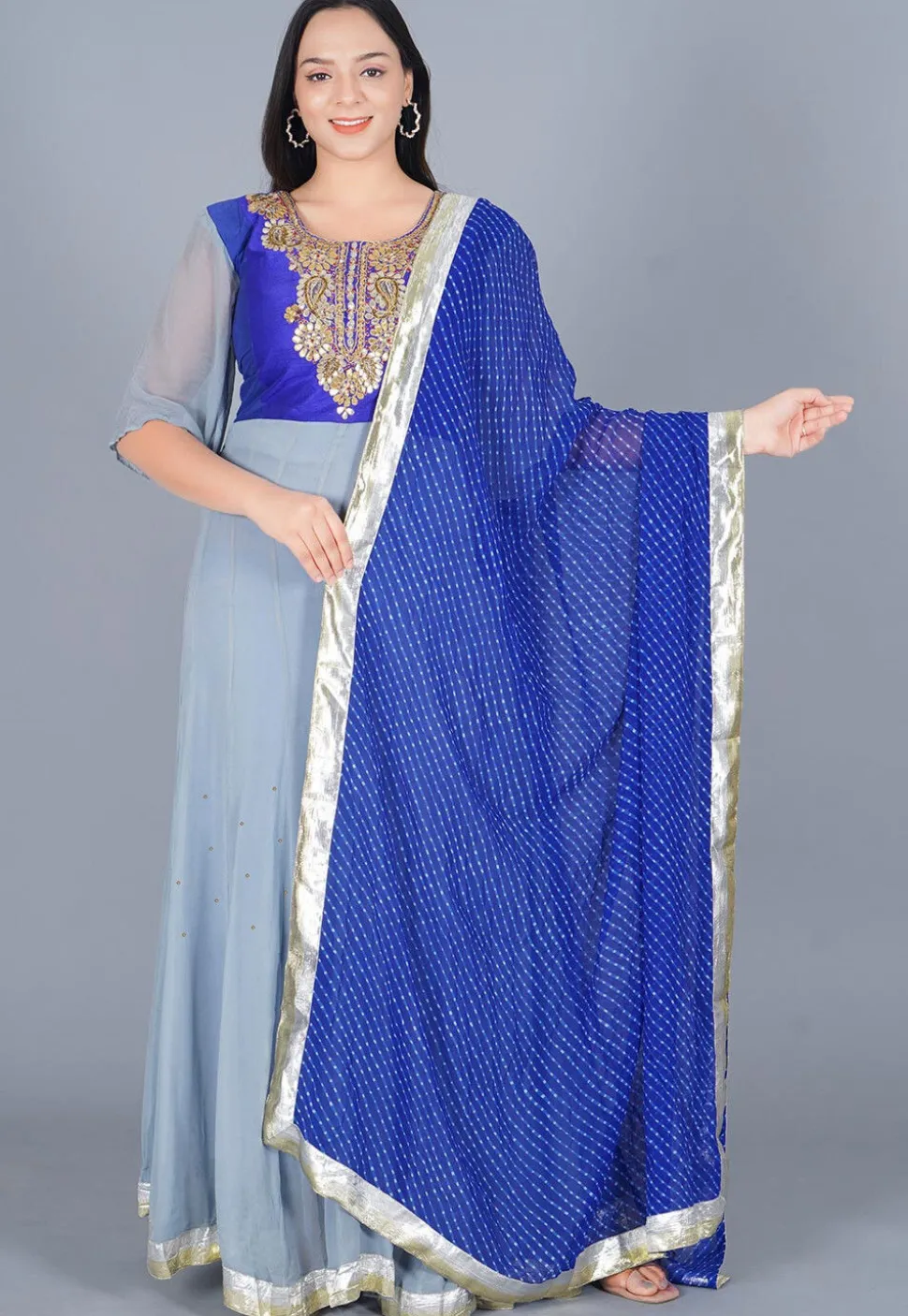 Embroidered Georgette Abaya Style Suit in Royal Blue and Grey