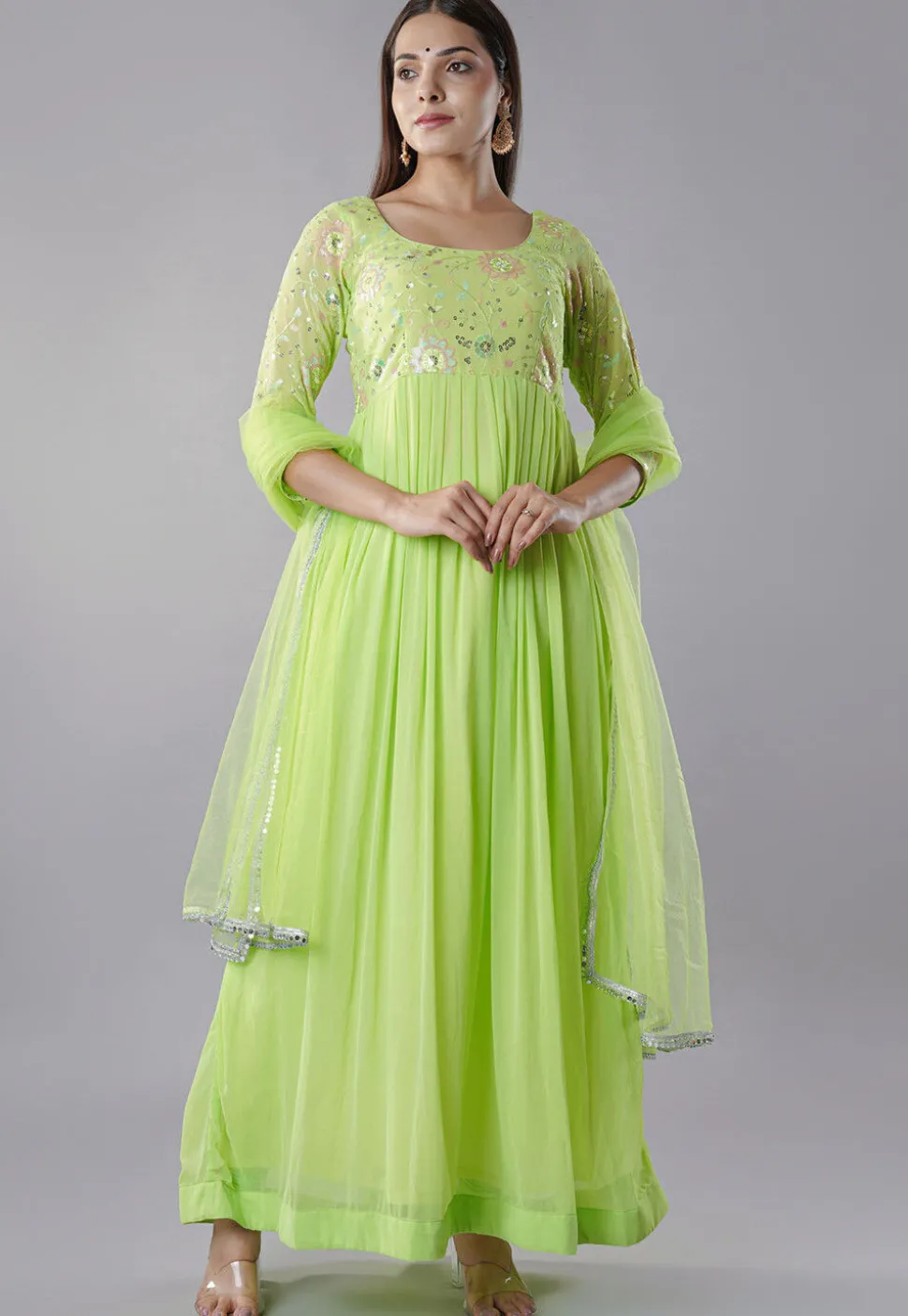 Embroidered Georgette Abaya Style Suit in Light Green