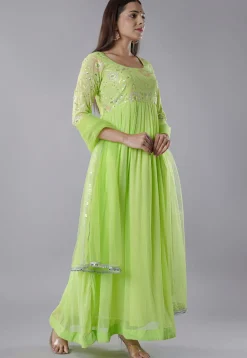 Embroidered Georgette Abaya Style Suit in Light Green