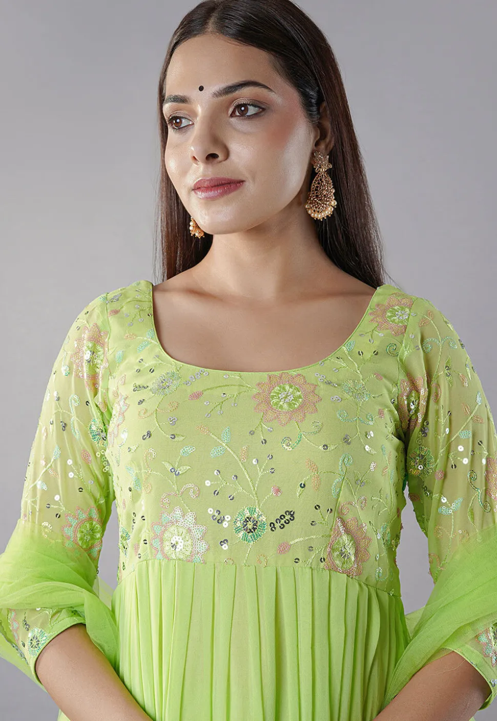 Embroidered Georgette Abaya Style Suit in Light Green