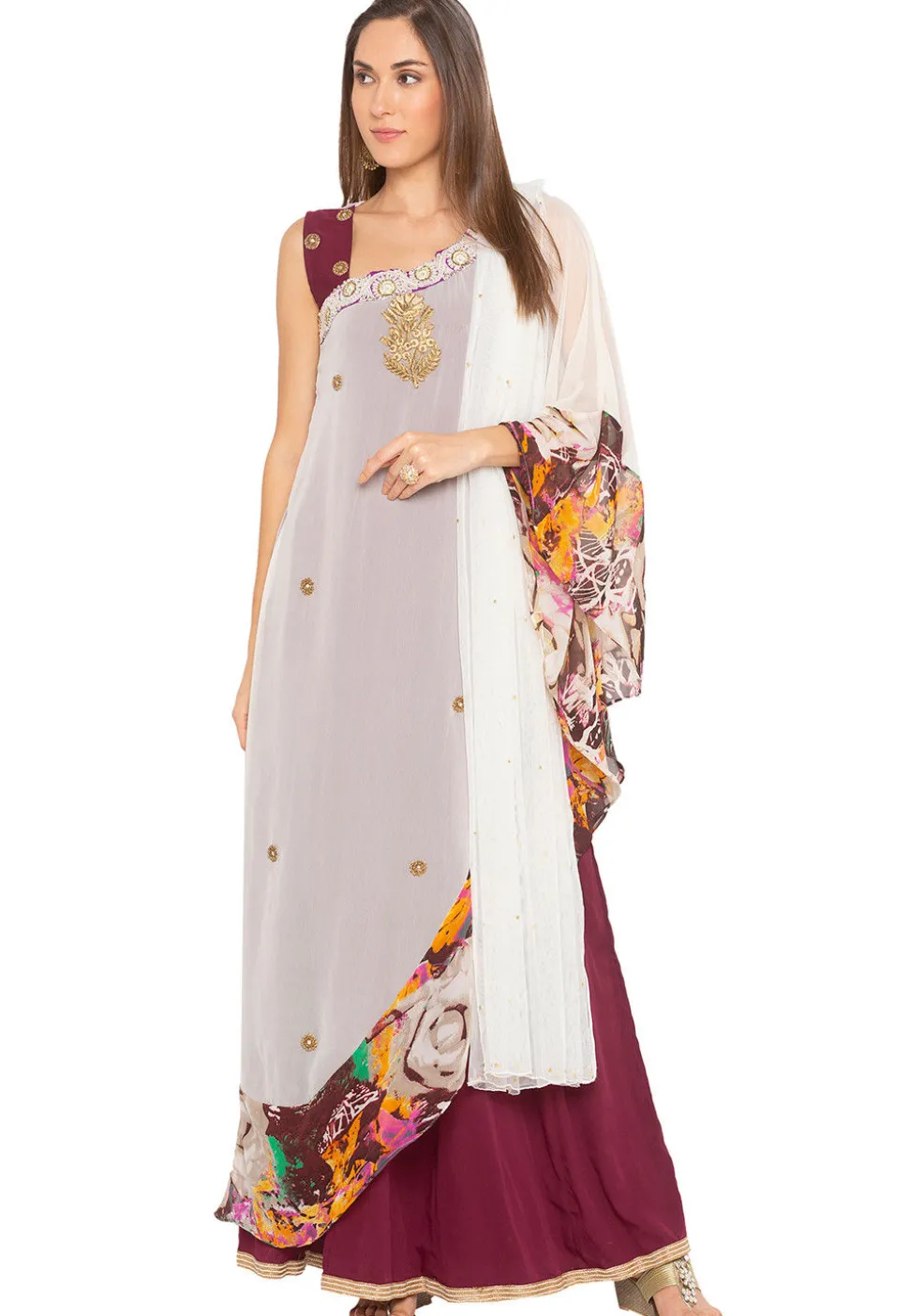 Embroidered Georgette Abaya Style Suit in Off White and Wine