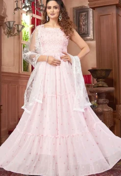 Embroidered Georgette Abaya Style Suit in Baby Pink