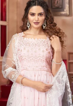 Embroidered Georgette Abaya Style Suit in Baby Pink