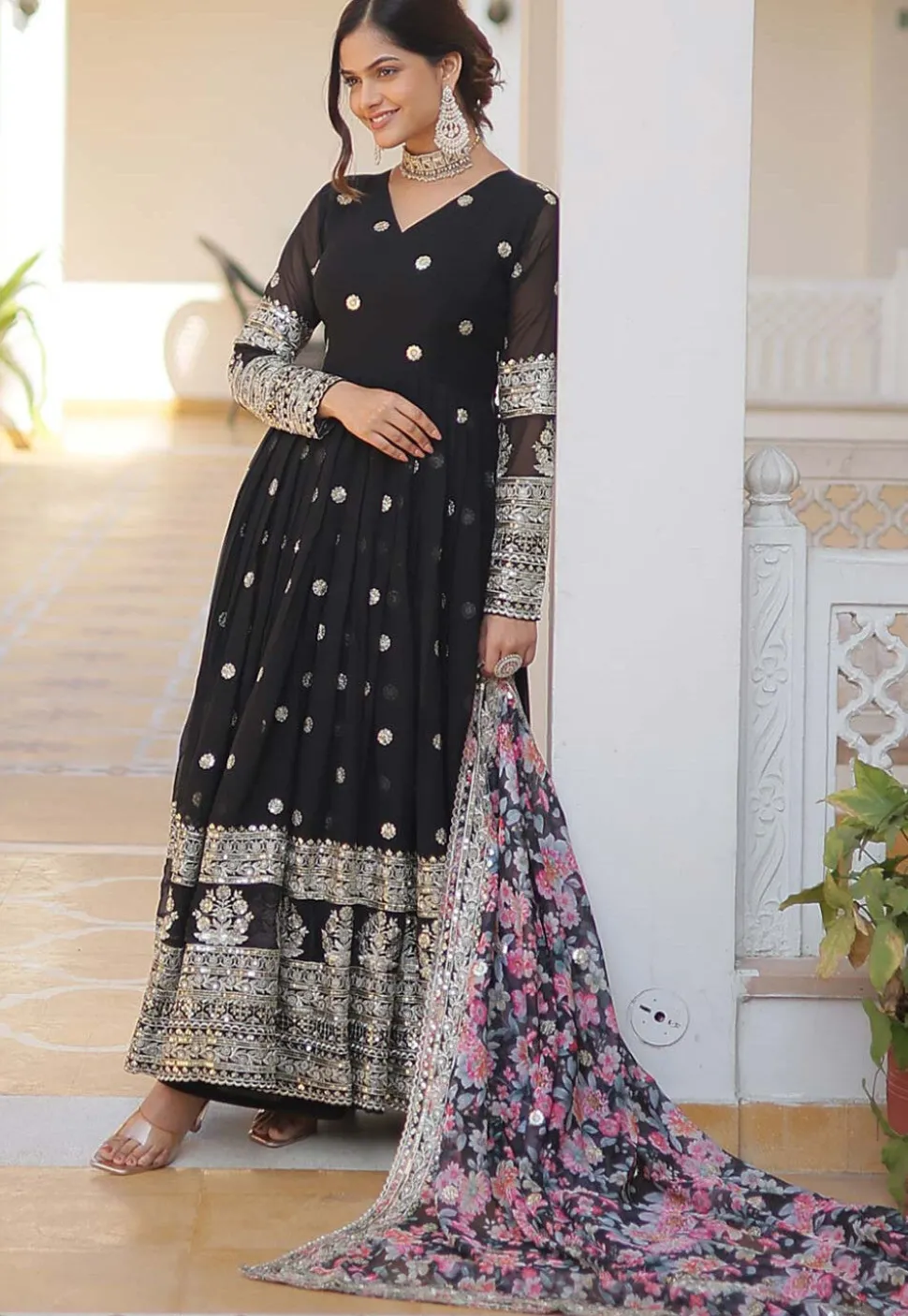 Embroidered Georgette Abaya Style Suit in Black