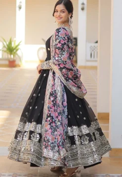 Embroidered Georgette Abaya Style Suit in Black