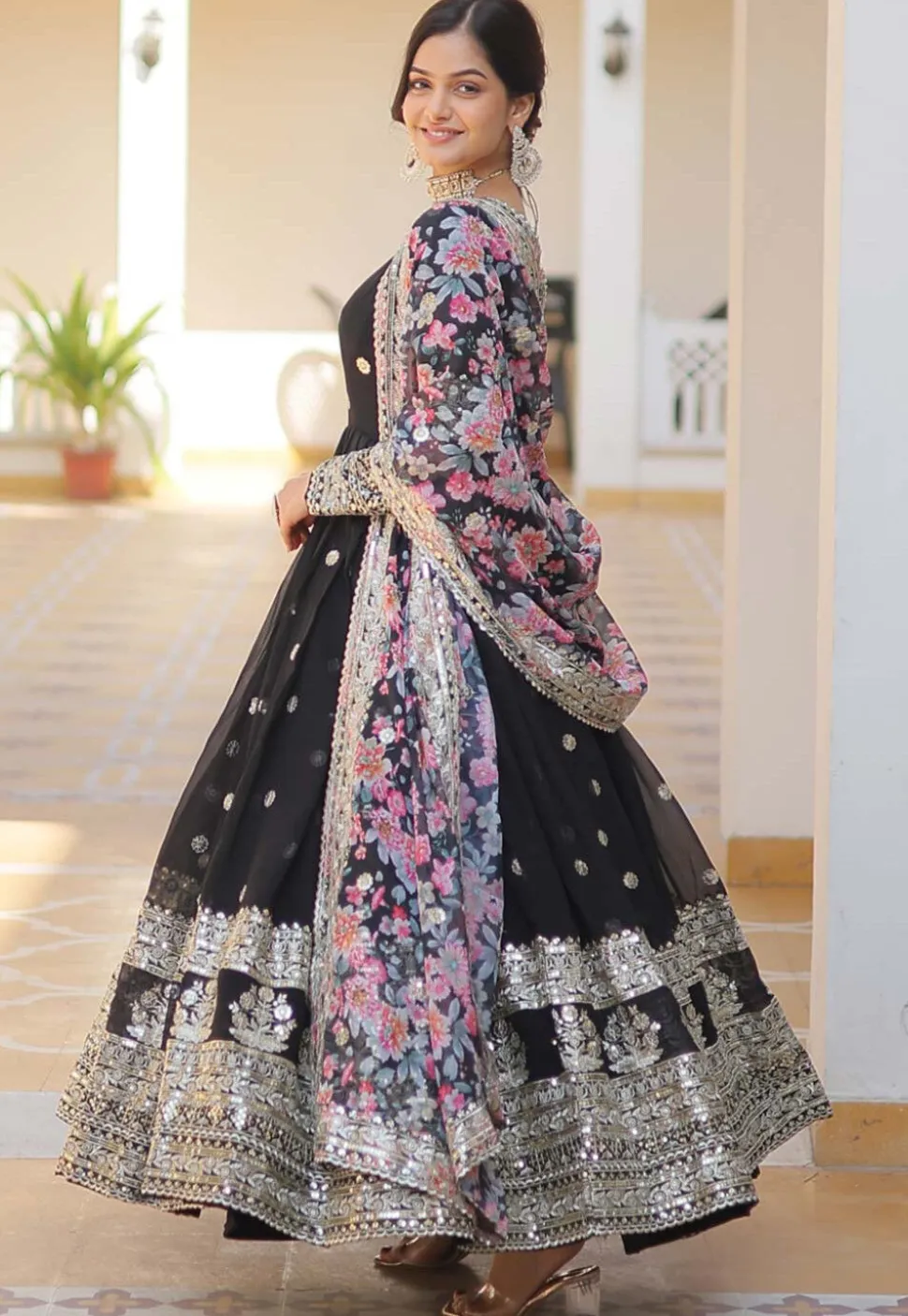 Embroidered Georgette Abaya Style Suit in Black