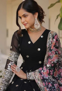 Embroidered Georgette Abaya Style Suit in Black