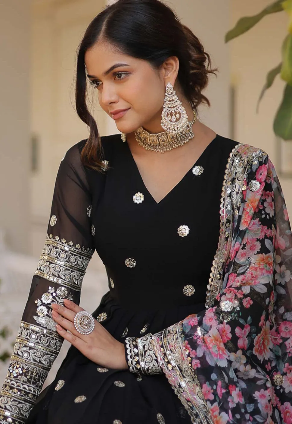 Embroidered Georgette Abaya Style Suit in Black