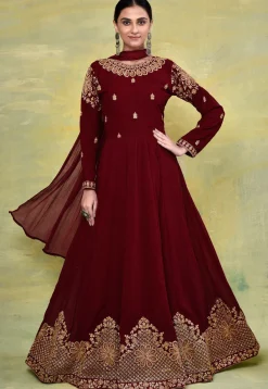 Embroidered Georgette Abaya Style Suit in Maroon