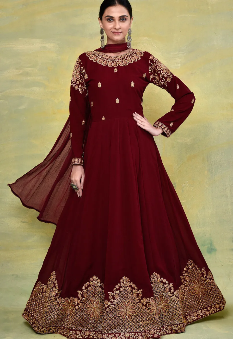 Embroidered Georgette Abaya Style Suit in Maroon