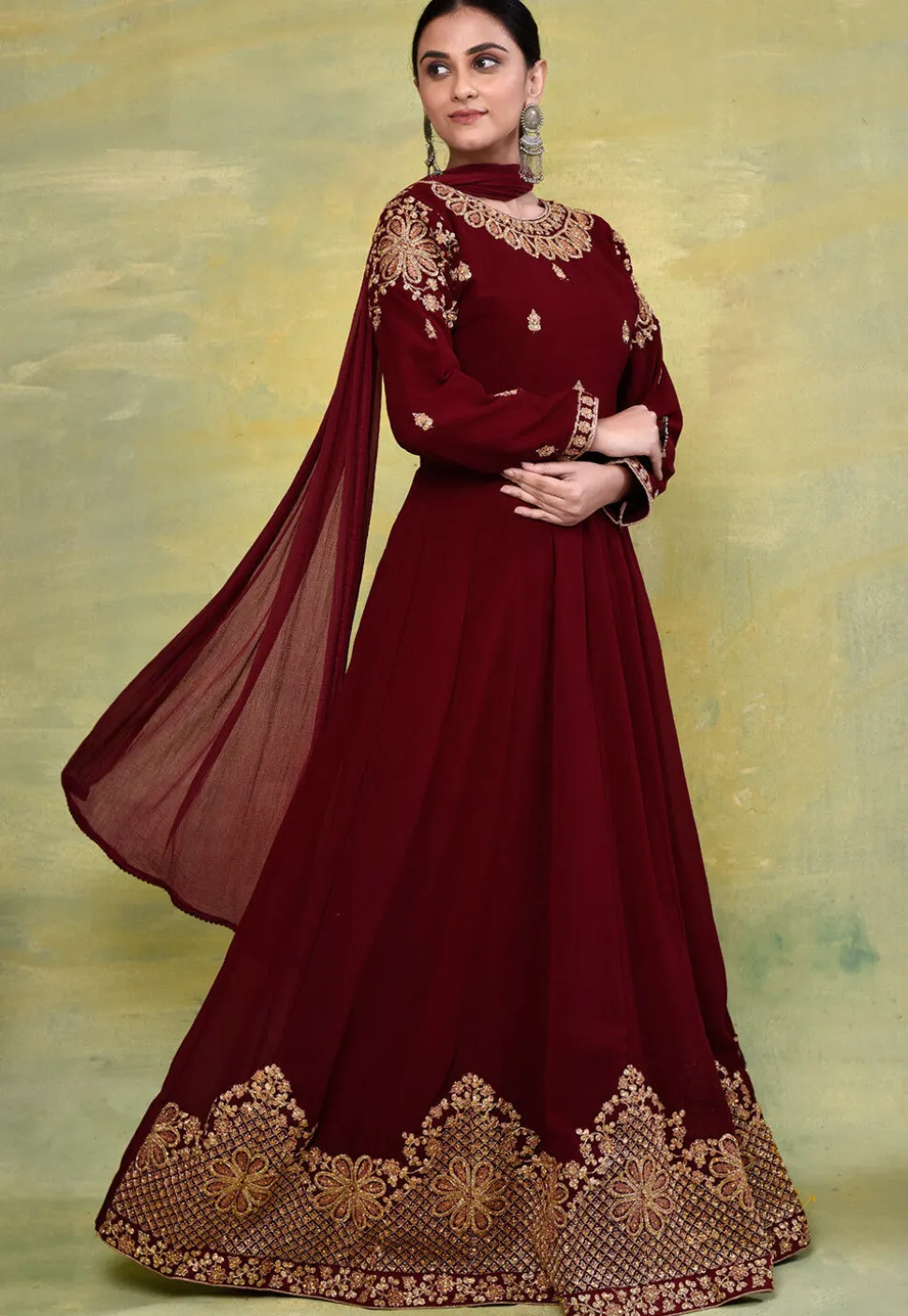 Embroidered Georgette Abaya Style Suit in Maroon