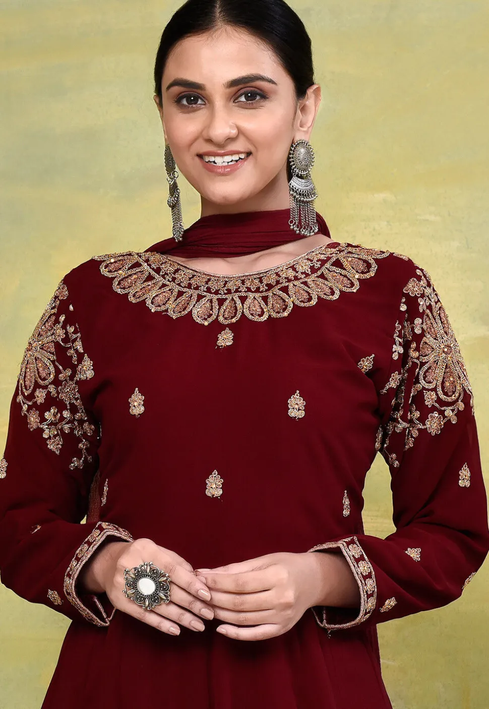 Embroidered Georgette Abaya Style Suit in Maroon