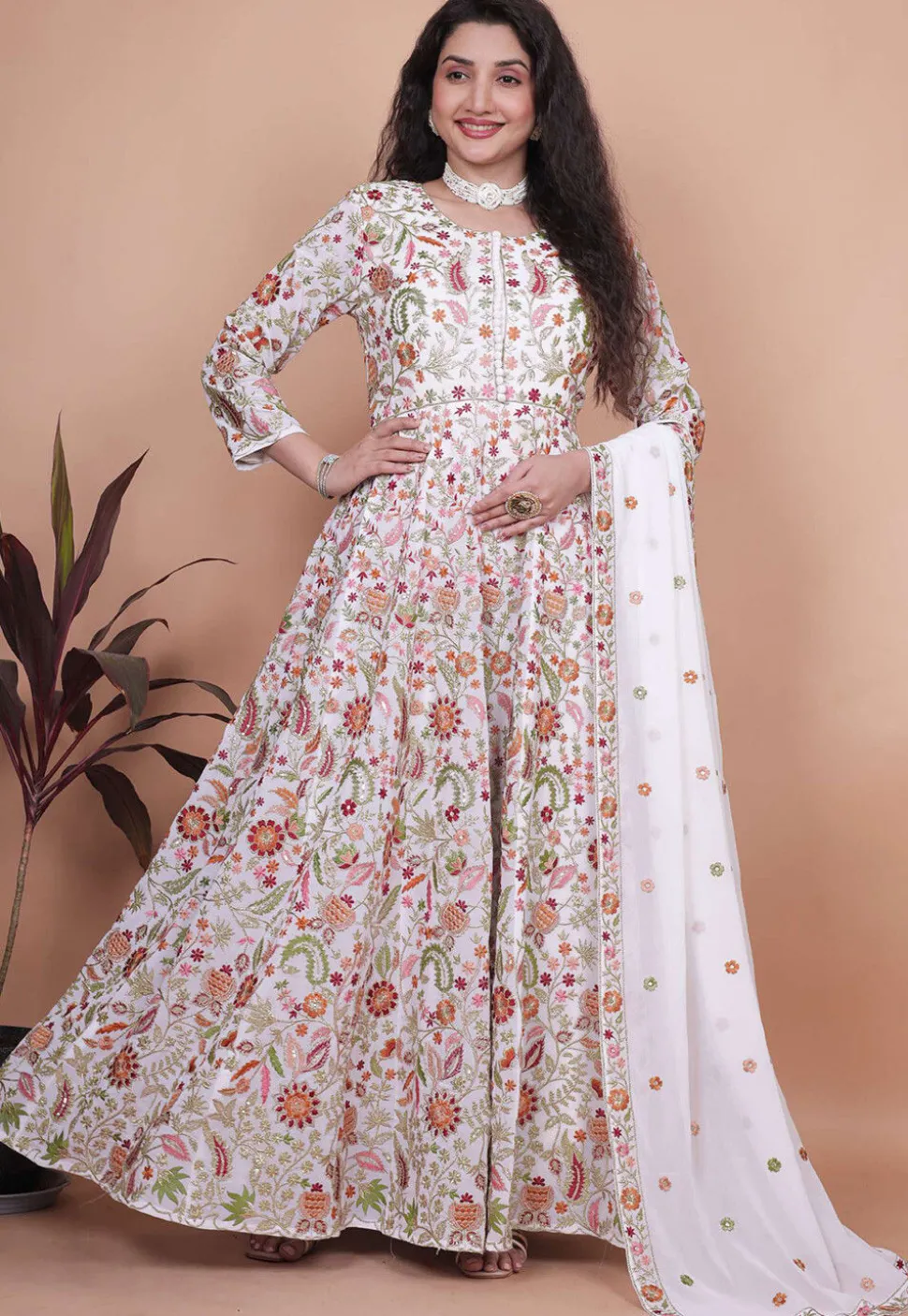 Embroidered Georgette Abaya Style Suit in Off White