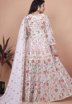Embroidered Georgette Abaya Style Suit in Off White